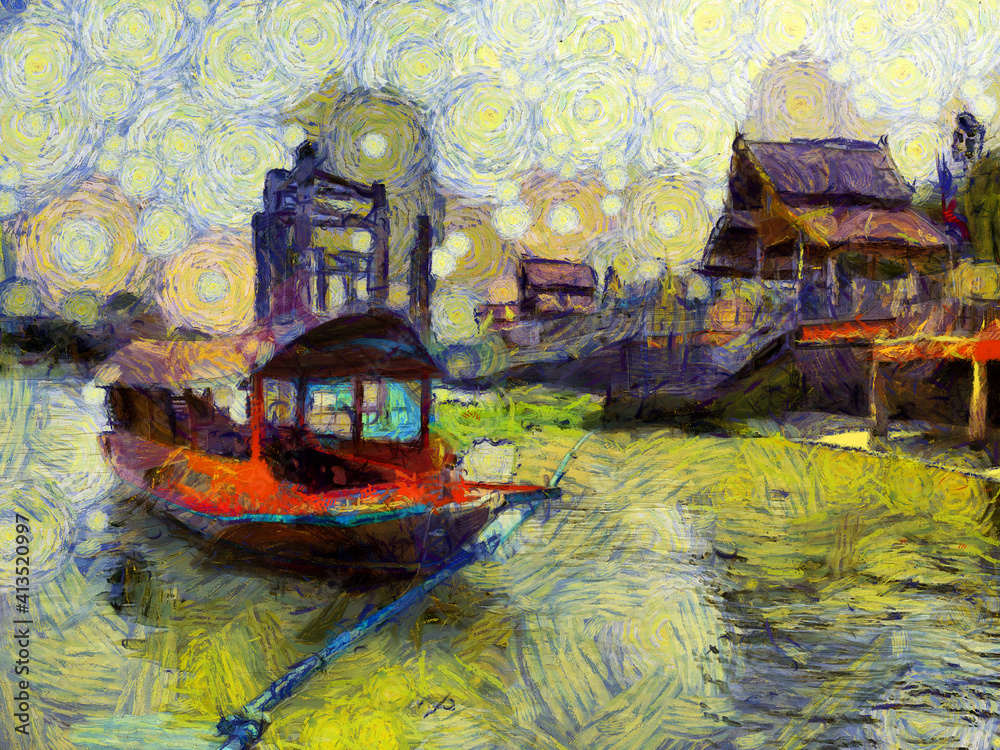 Landscape of the riverside in rural Thailand Illustrations creates an impressionist style of painting.