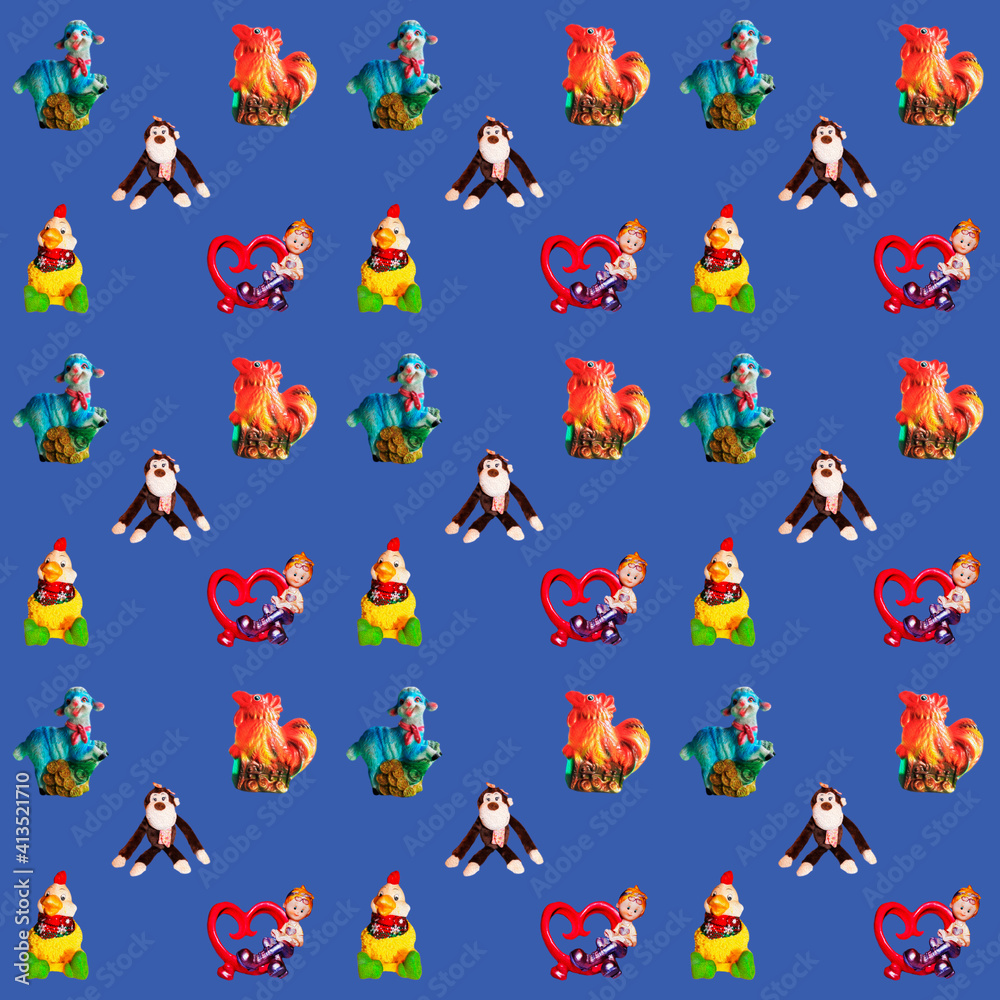 Pattern for children's festive packaging, background for designers and wallpapers, seamless texture with monkey, cockerel, lamb, chicken, girl on with a blue background