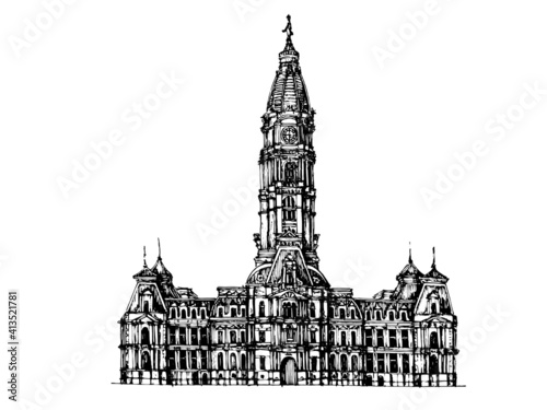 Philadelphia City Hall sketchy hand drawn black and white monochromic illustration. classic American architecture .  gothic clock tower. city hall front elevation 