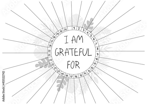 Gratitude log, printable A4 paper sheet with blank lines to fill and tropical leaves. Minimalist planner of grateful for journal page, tracker, daily planner template, blank for notebook.