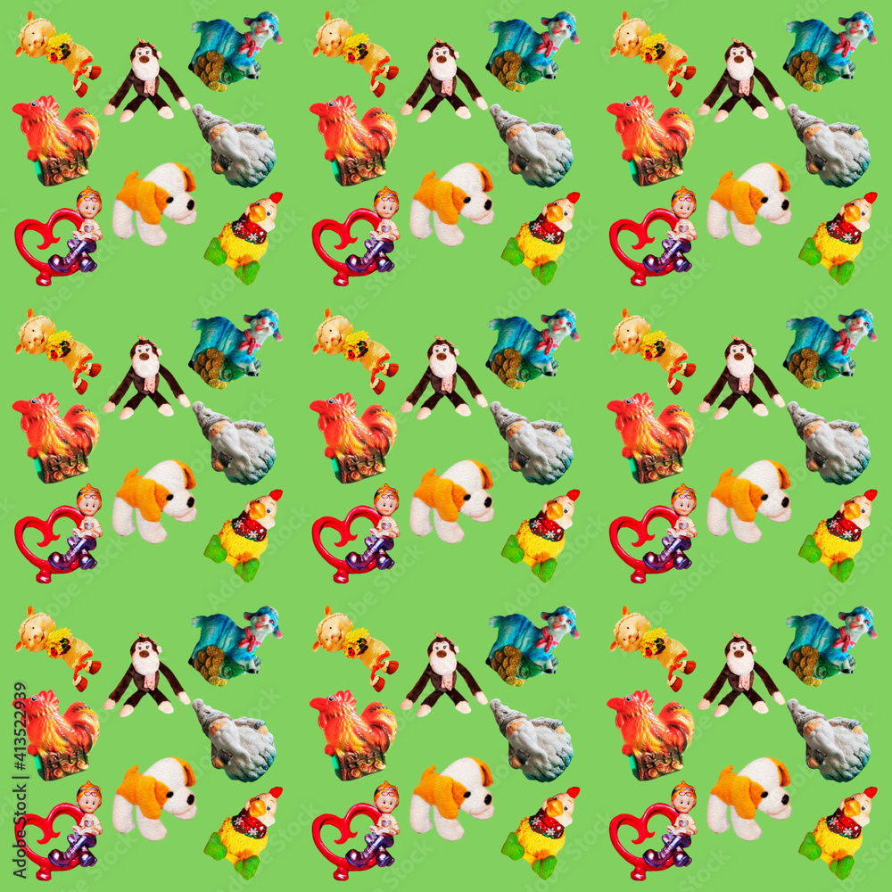 Pattern for childrens festive packaging, background for designers and wallpapers, seamless texture with cockerel, santa claus, chicken, dog, monkey, lamb on light green background