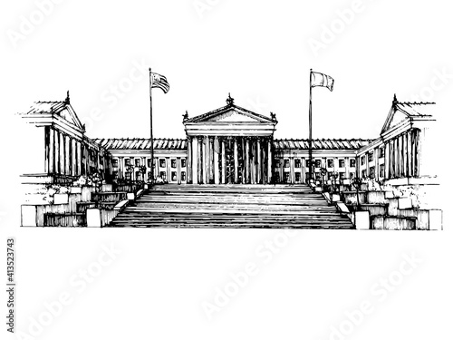 Philadelphia Art Museum steps black and white hand drawn sketchy image. Front elevation classic entrance with flags, shadows and reflection. American architecture landmark. 