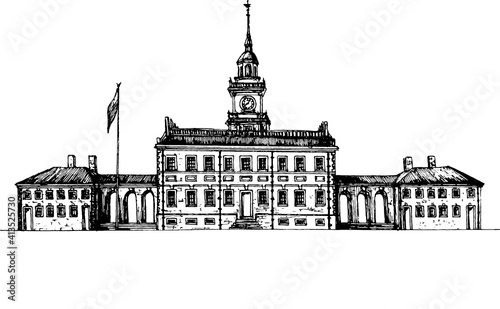 Philadelphia Independence Hall monochromatic black and white freehand drawing. Front elevation of an American place of interest. Classic symmetric building with a clock tower and a flag.    