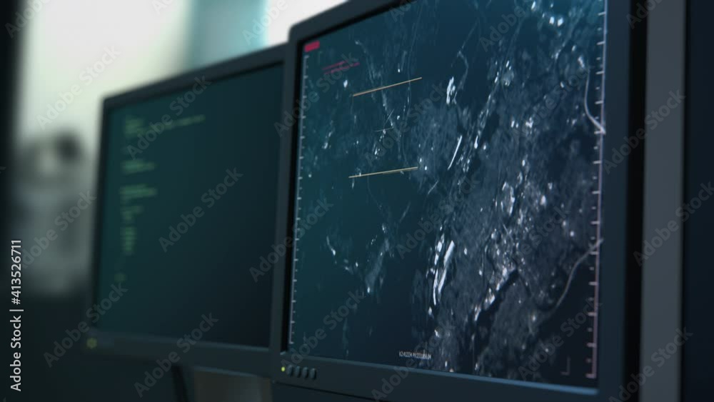 GPS location scanning or tracking by phone SIM card signal. Secret spy security program interface screen or display. Moving target indicator. Satellite, drone map view. 3D Render concept 4K animation
