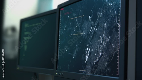 GPS location scanning or tracking by phone SIM card signal. Secret spy security program interface screen or display. Moving target indicator. Satellite, drone map view. 3D Render concept 4K animation