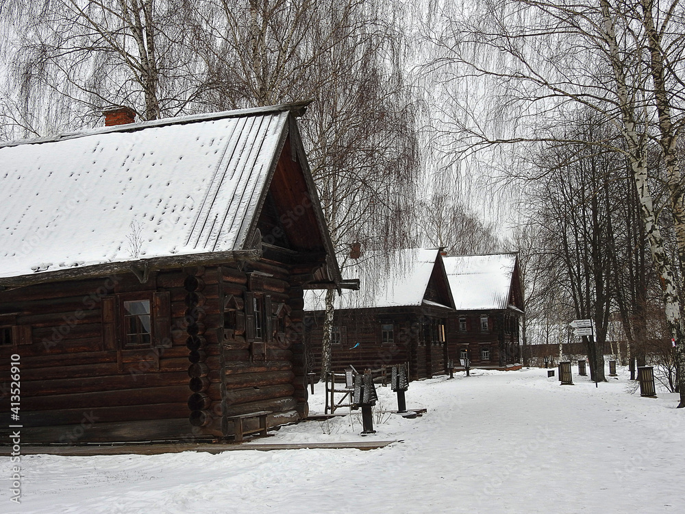 Street of the open-air museum of the wooden architecture in Kostroma, Russia
