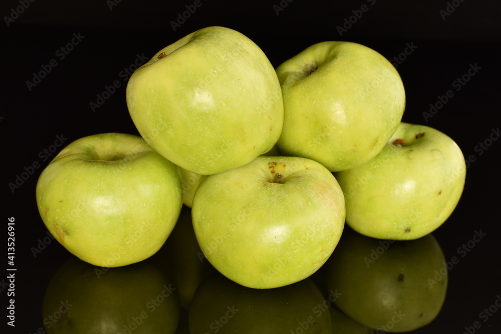 Several natural green apples by Renet Simirenko, close-up, isolated on black. Several natural green apples by Renet Simirenko, close-up, isolated on black.
