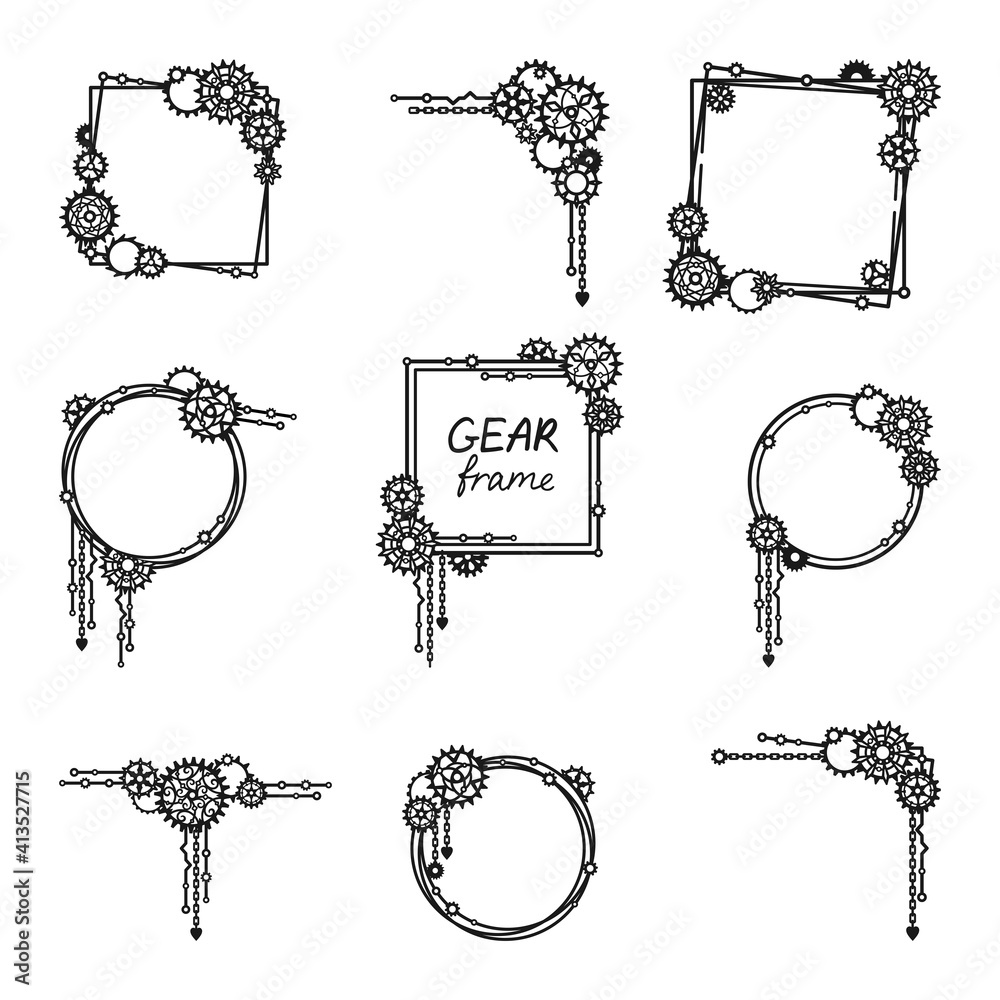 Set of frames and borders with gears, cogwheels and chains. Mechanism. Steampunk. Decorative elements for a stylish holiday greeting card, signage, banner, laser and plotter cutting. Vector template