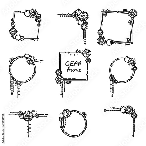 Set of frames and borders with gears, cogwheels and chains. Mechanism. Steampunk. Decorative elements for a stylish holiday greeting card, signage, banner, laser and plotter cutting. Vector template