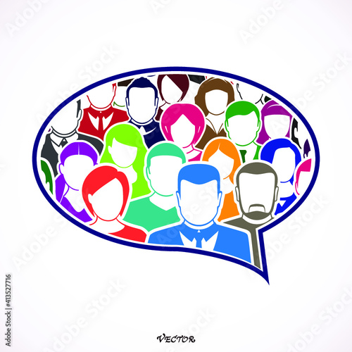Diverse group of people gathered together in the shape of a speech bubble