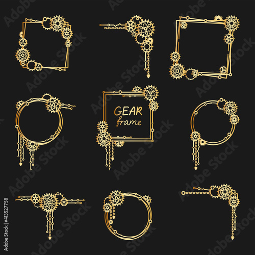 Set of golden frames, corners and borders with gears, cogwheels and chains on a black background. Mechanism. Steampunk. Decorative elements for a stylish holiday greeting card, banner, poster, signage