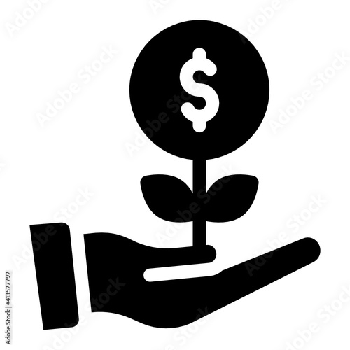 
Hand with dollar plant denoting glyph icon of investment 
