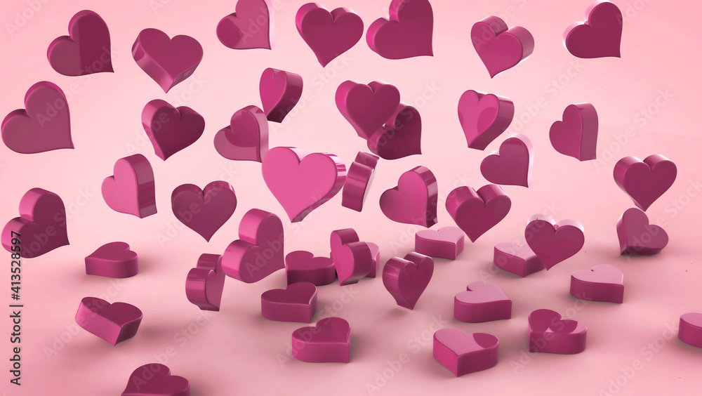 Pink hearts fall chaotically to the ground. Love concept. 3d render