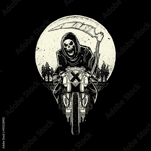 Skull grim reaper ride motorcycle graphic illustration vector art t-shirt design