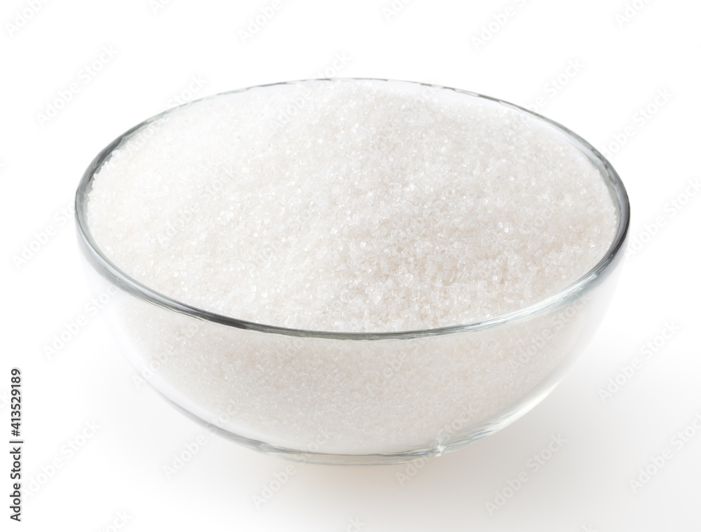 Granulated sugar in glass bowl isolated on white background with clipping path Granulated sugar in glass bowl isolated on white background with clipping path