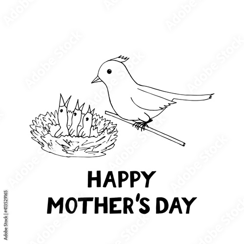 happy mothers day card template bird mom and chicks in the nest icon  sticker. sketch hand drawn doodle style. minimalism  monochrome. spring  brood.