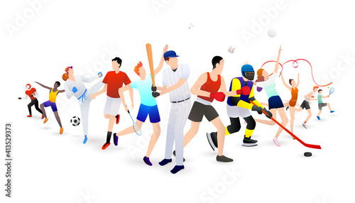 Vector illustration of sports background design with sport players in different activities. 