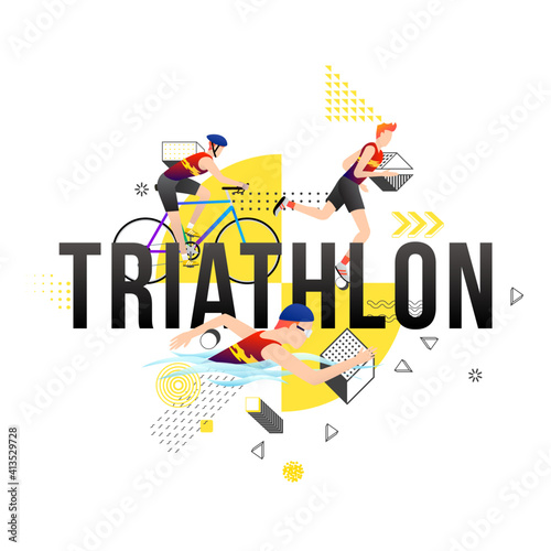 Vector illustration of sports background design with triathlon in different activities.  photo