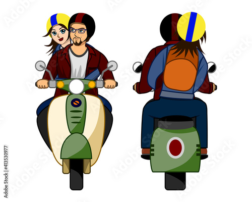Vector illustration of couples, women and men riding new motorcycles they have just bought for a long vacation. Both are happy and have fun.