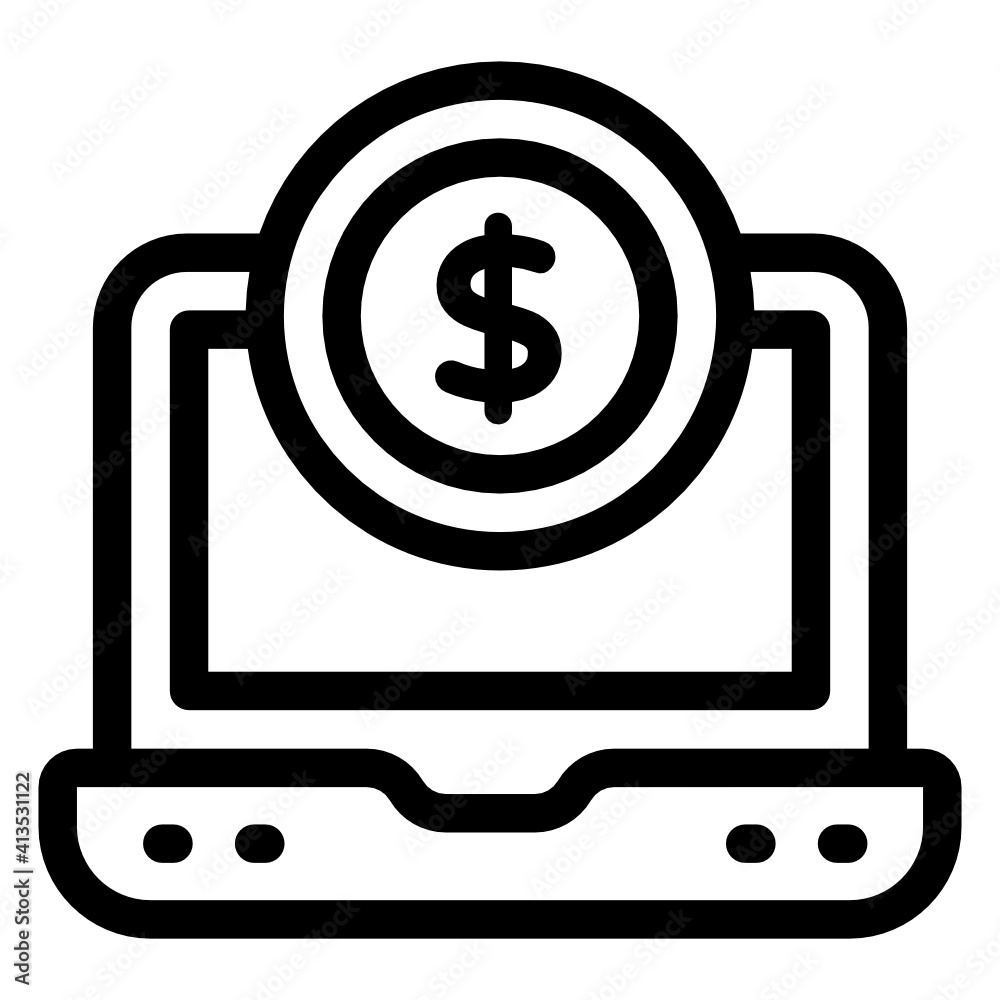 Coin on laptop, line icon of online money
Coin on laptop, line icon of online money