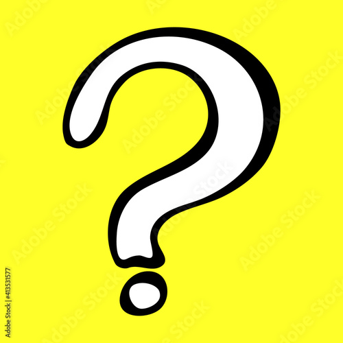 Hand-drawn question mark, black and white illustration on yellow background. Visualization of a problem, question, choice