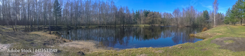 Beautiful panorama of the lake in the forest in early spring
