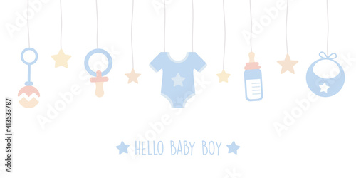 baby boy welcome greeting card for childbirth with hanging utensils vector illustration EPS10