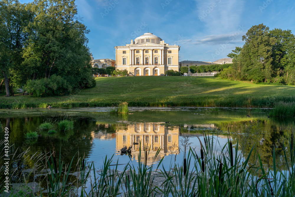 View of the Summer Palace of Emperor Paul I in Pavlovsk from the Slavyanka River, Saint Petersburg Russia