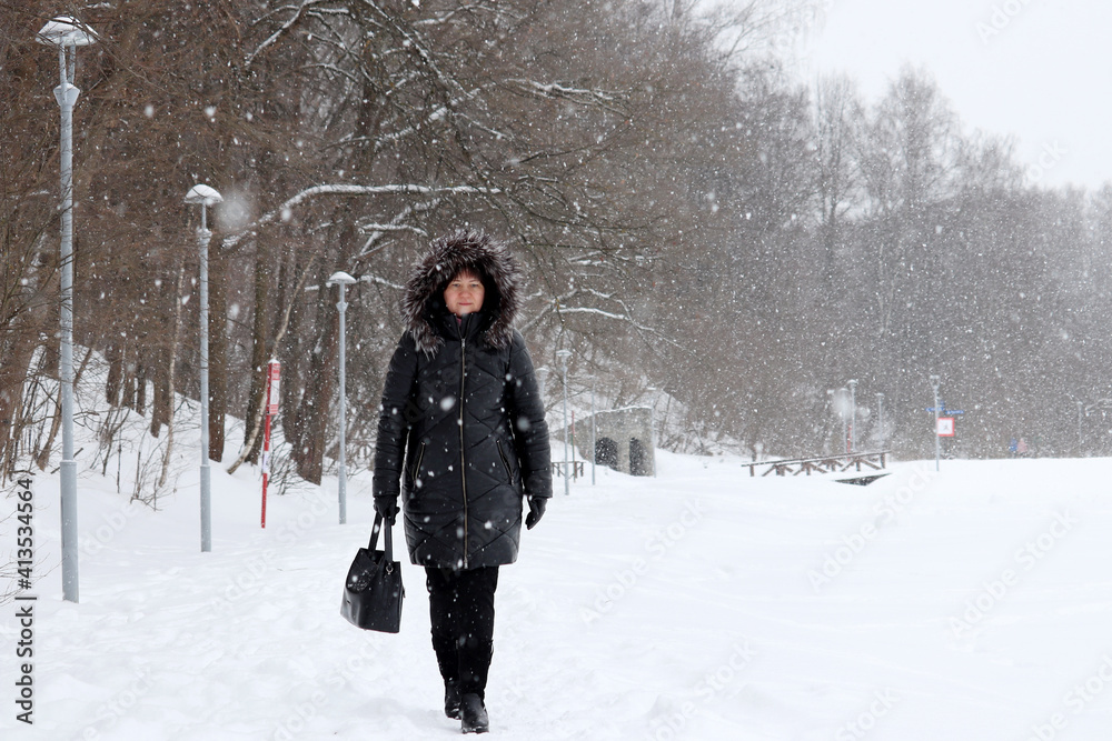Blizzard in winter city, picturesque view. Lonely woman walking in park during snowfall on frozen lake background Blizzard in winter city, picturesque view. Lonely woman walking in park during snowfall on frozen lake background
