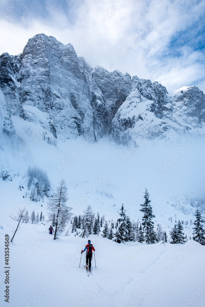 Ski mountaineering on mount Mangart, near the Slovenian border, Friuli-Venezia Giulia, Italy