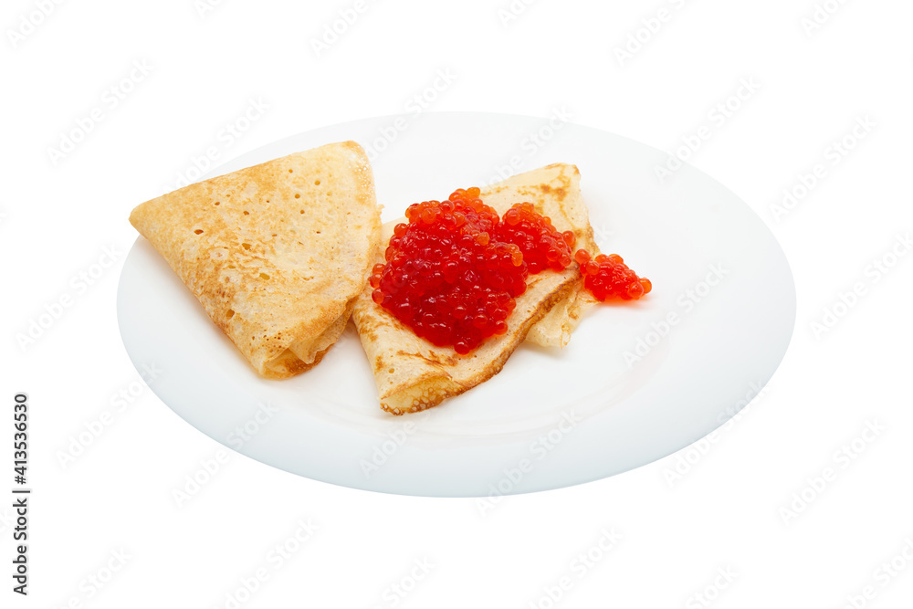 beautiful fried pancakes with red caviar on a white plate isolated on white background for your design or advertising beautiful fried pancakes with red caviar on a white plate isolated on white background for your design or advertising