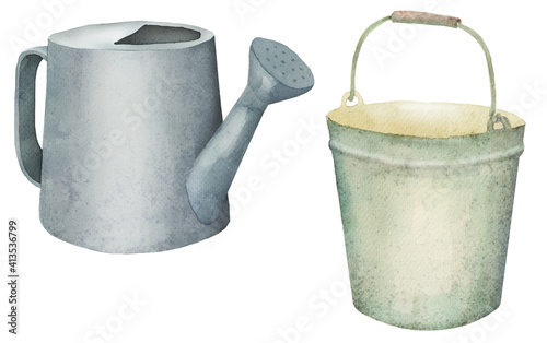 garden tools, watering can and bucket, watercolor