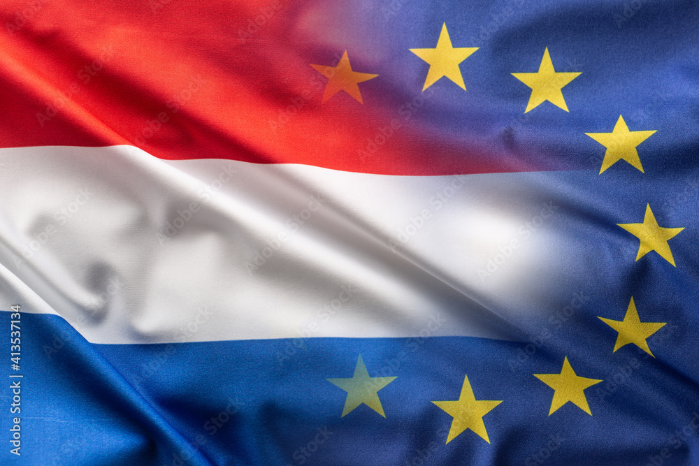 Flags of Netherlands adnd EU blowing in the wind Flags of Netherlands adnd EU blowing in the wind