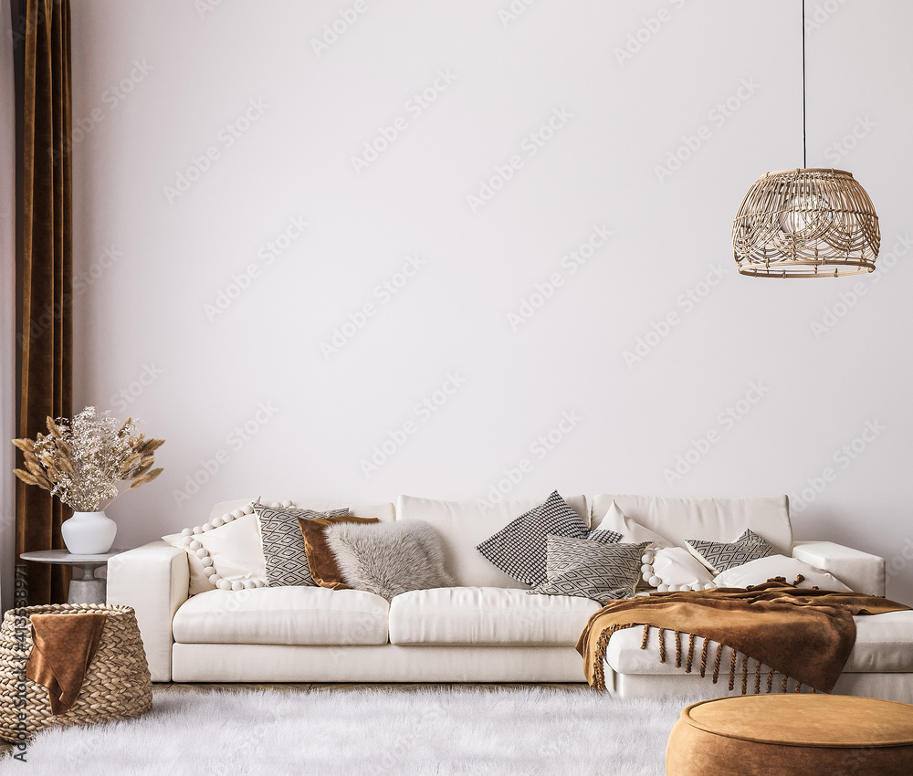 wall mockup in bright living room design, white sofa in farmhouse boho interior style, 3d render - obrazy, fototapety, plakaty 