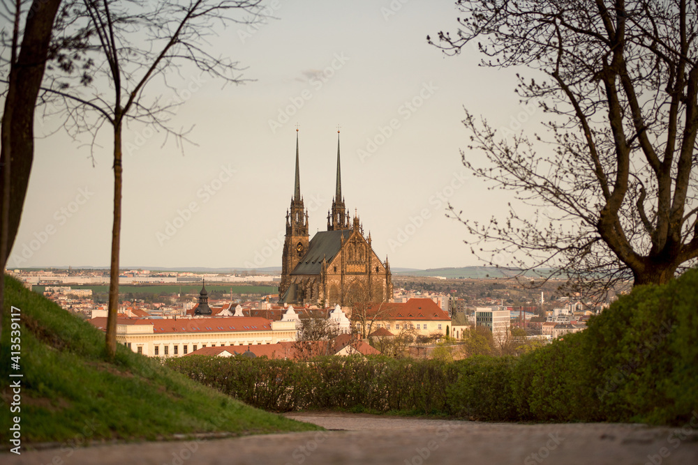 Cathedral of St. Peter and Paul in Brno. Spring in the evening, Moravia, Czech republic, Europe