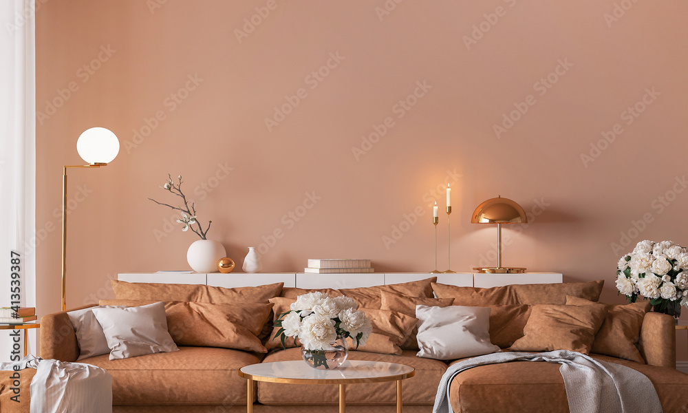 Elegant Interior Design Modern Living Room With Golden Home Accessories On Orange Color Background Render Stock Ilration Adobe