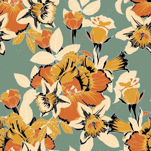 Daffodils, irises and roses in a floral vector pattern for fabric and textiles