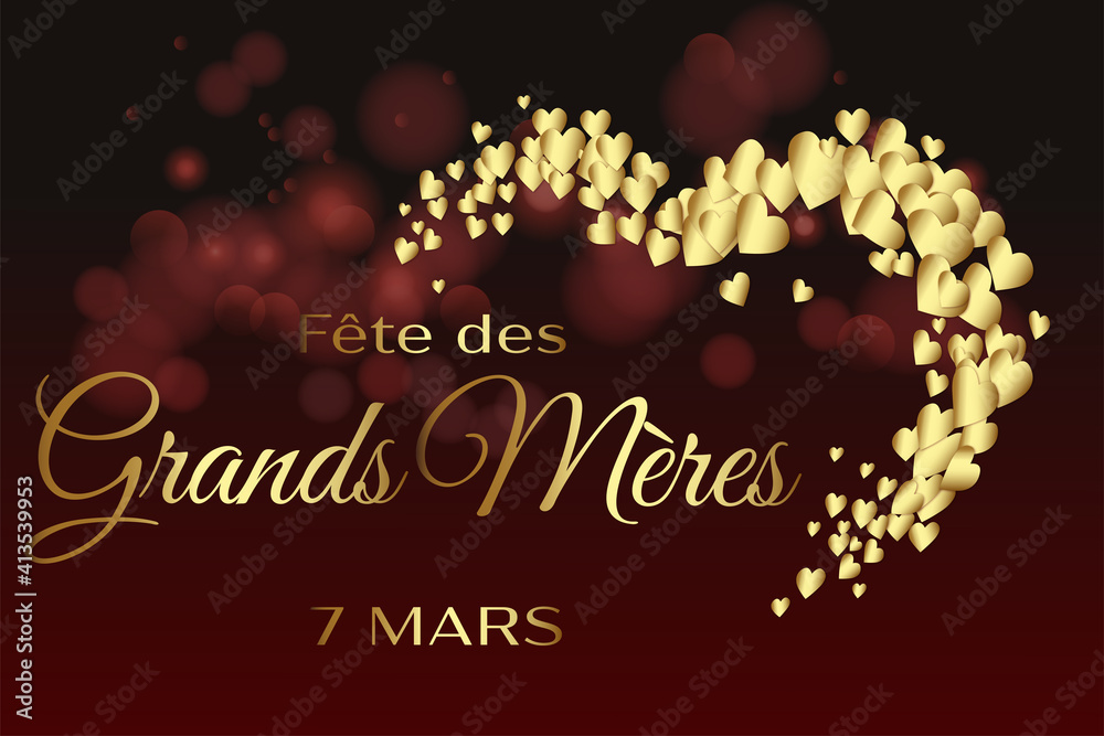 carte ou bandeau sur la Fête des Grands-Mères le 7 mars en or avec une moitié de coeur couleur or sur un fond bokeh noir et marron