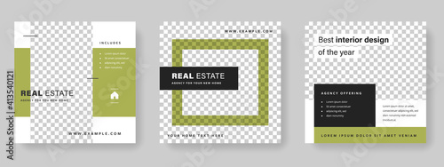 real estate editable social media layouts with green accent, simple and minimal graphic design for digital marketing, business purpose templates