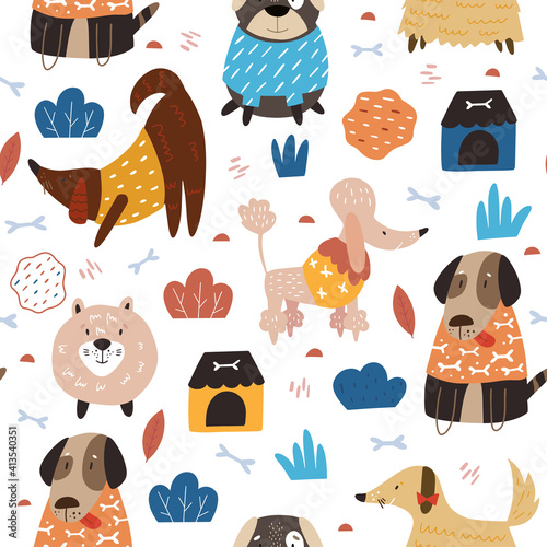 Seamless pattern with cute dogs. Creative kids hand drawn texture for fabric,...