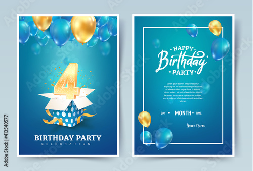 4th years birthday vector invitation double card. Four years anniversary celebration brochure. Template of invitational for print on blue background