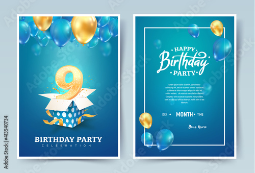 9th years birthday vector invitation double card. Nine years anniversary celebration brochure. Template of invitational for print on blue background photo