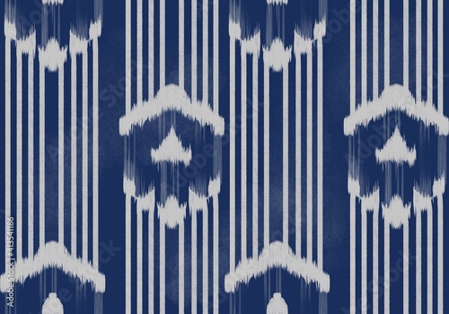 Seamless pattern tribal art Ikat Ogee  in traditional classic grey on blue color background . Abstract background for textile design, wallpaper, surface textures. Boho Style.