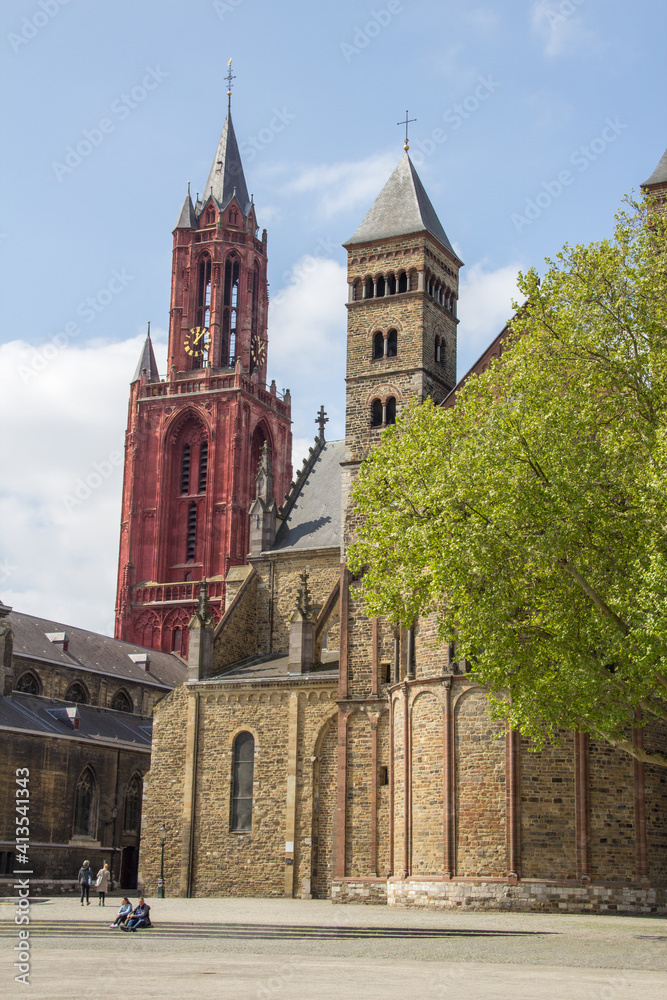 Vrijthof, red tower and church in Maastricht