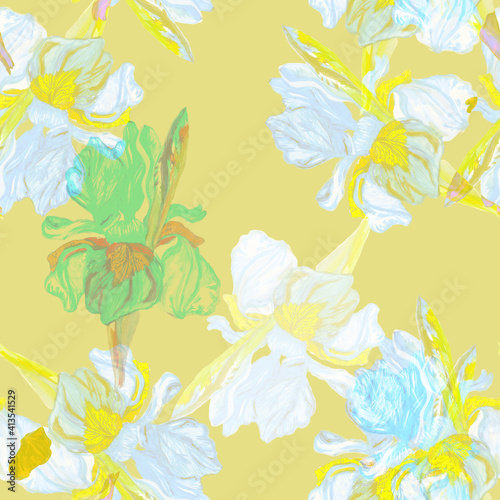 Monochrome irises. Floral seamless pattern on yellow background.