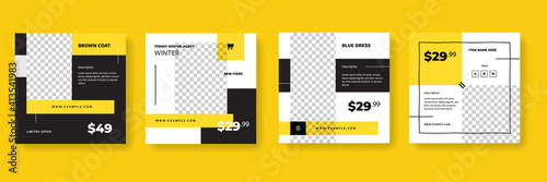 Editable social media layouts, square graphic banners for instagram and facebook, yellow and black business design