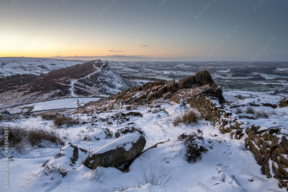 Hen Cloud winter sunrise and snow at The Roaches, Staffordshire.