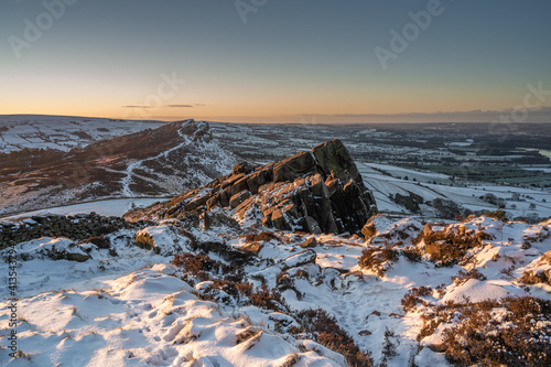 Hen Cloud winter sunrise and snow at The Roaches, Staffordshire.