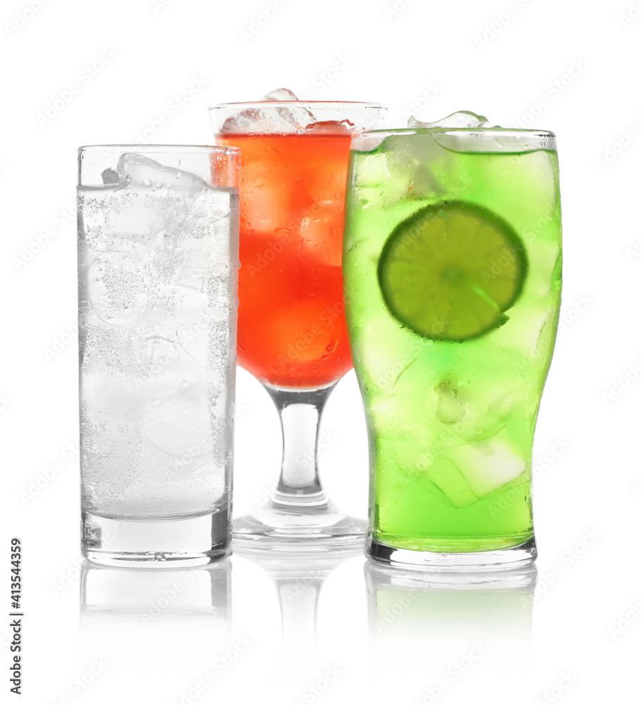 Delicious refreshing drinks in glasses on white background Delicious refreshing drinks in glasses on white background