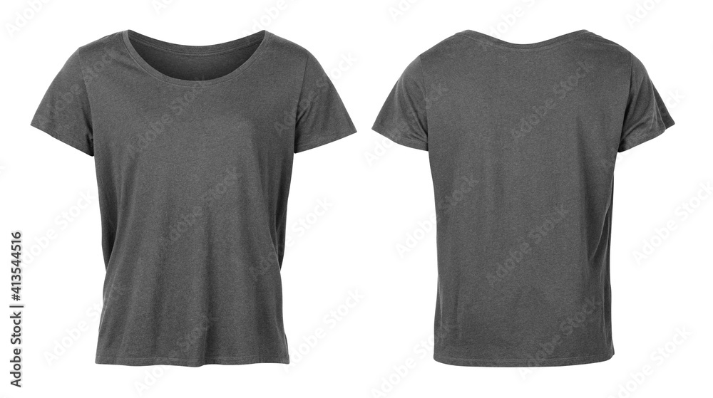 Realistic Grey unisex t shirt front and back mockup isolated on white background with clipping path. - obrazy, fototapety, plakaty 